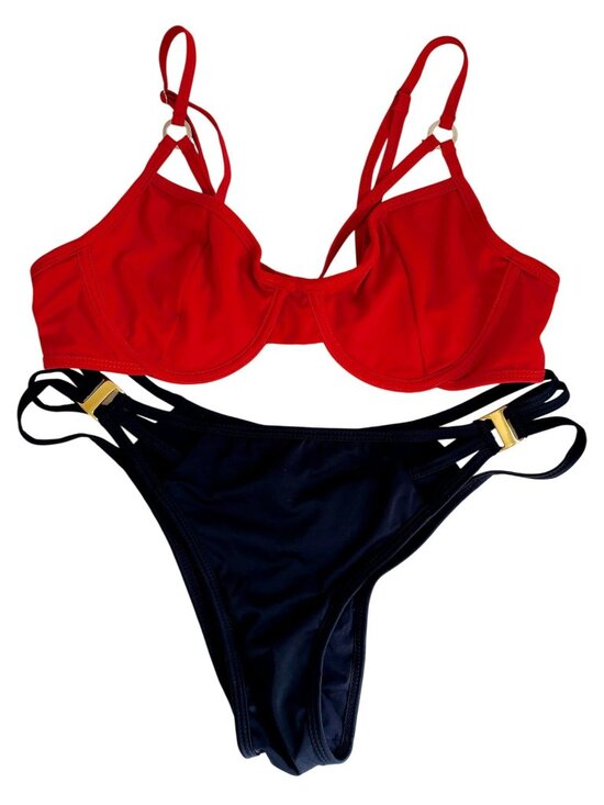 Siren By Seven 'Til Midnight Other - Bikini Set Siren Red & Black Gold Accents Underwire Top Strappy Bottoms